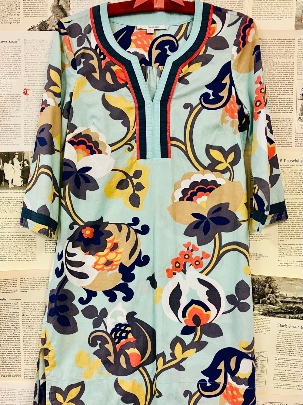 Boden Light Blue Floral Tunic Dress with Navy & Coral Accents